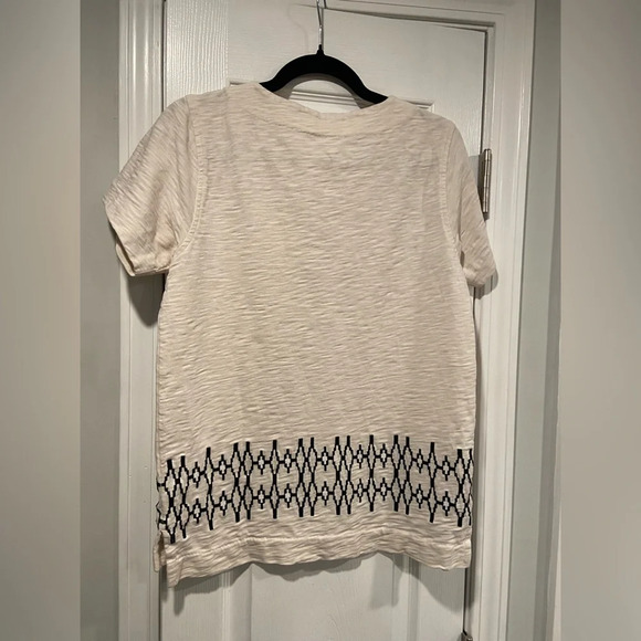 Madewell Cream Cotton Black Embroidered V Neck Short Sleeve Split Hem Top Size S - Picture 7 of 10